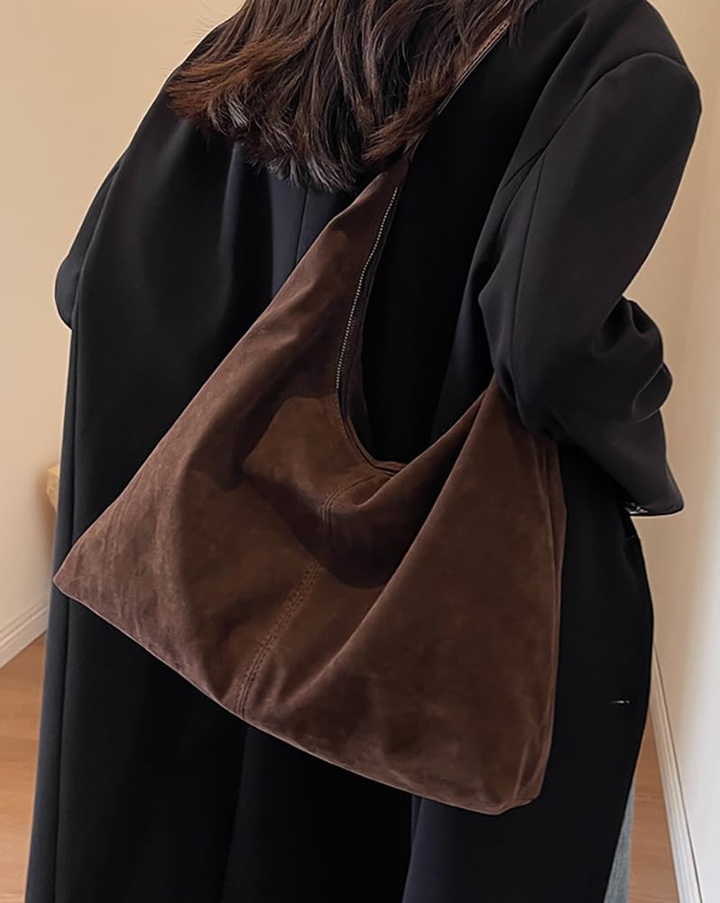 Bagkeak Slouchy Suede Shoulder Bags For Women Underarm Bag Womens Tote Bag Work Purses Crescent Bag Suede Handbag Travel Winter Fall - Image 2